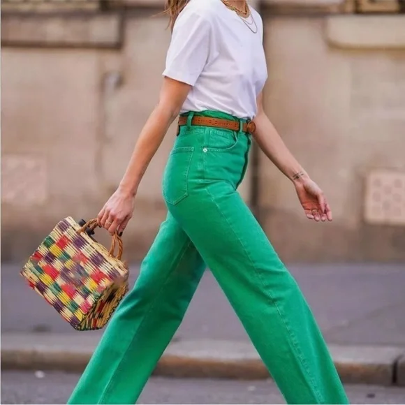 Zara Bloggers Favourite Brat Balletcore High Waisted Wide Leg Jeans Green Size 4 - Picture 5 of 16